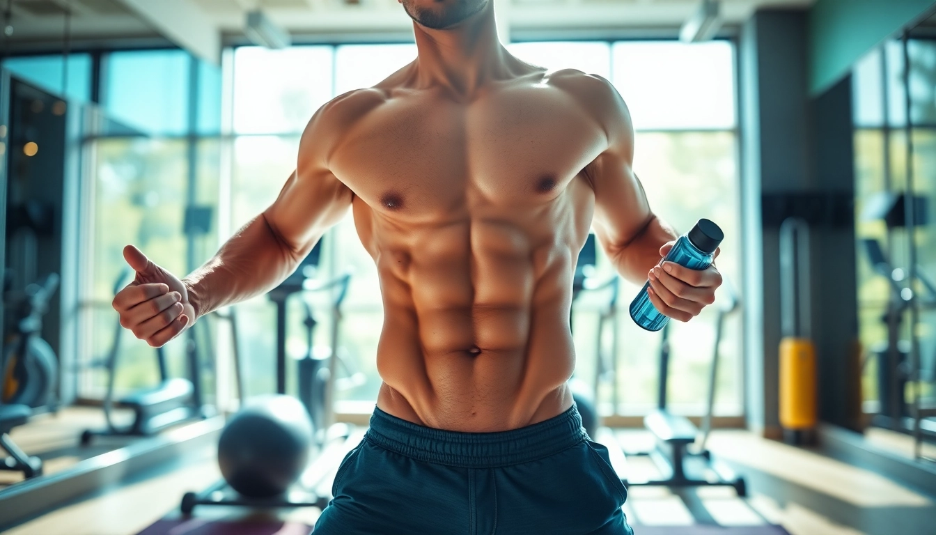 De krachtige sixpack van een fitnessmodel tijdens een training in de sportschool.
