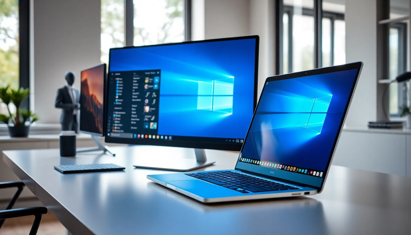 Windows 11 Pro auf einem modernen Laptop in einem hellen, professionellen Arbeitsumfeld anzeigen.