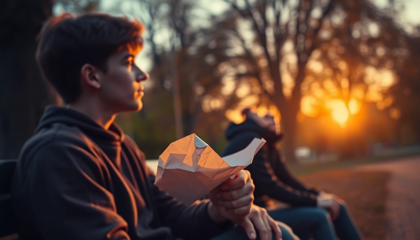 Reflective individual contemplating a relationship breakup on a park bench during sunset.