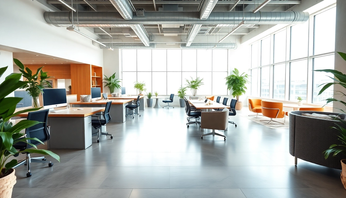 Location de bureaux et commerces dans un espace de travail moderne et lumineux.