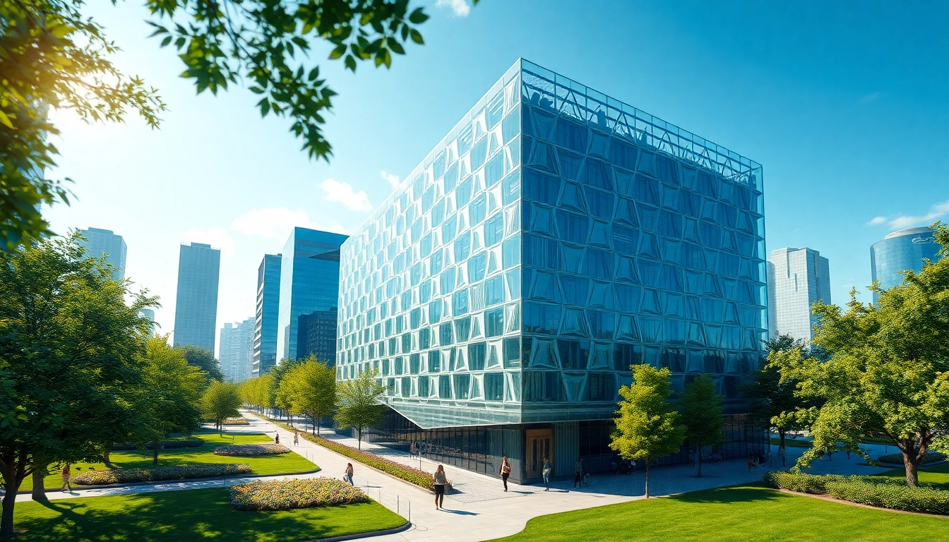 Visualisierung Architektur mit einem futuristischen Gebäude in einer modernen Stadtumgebung