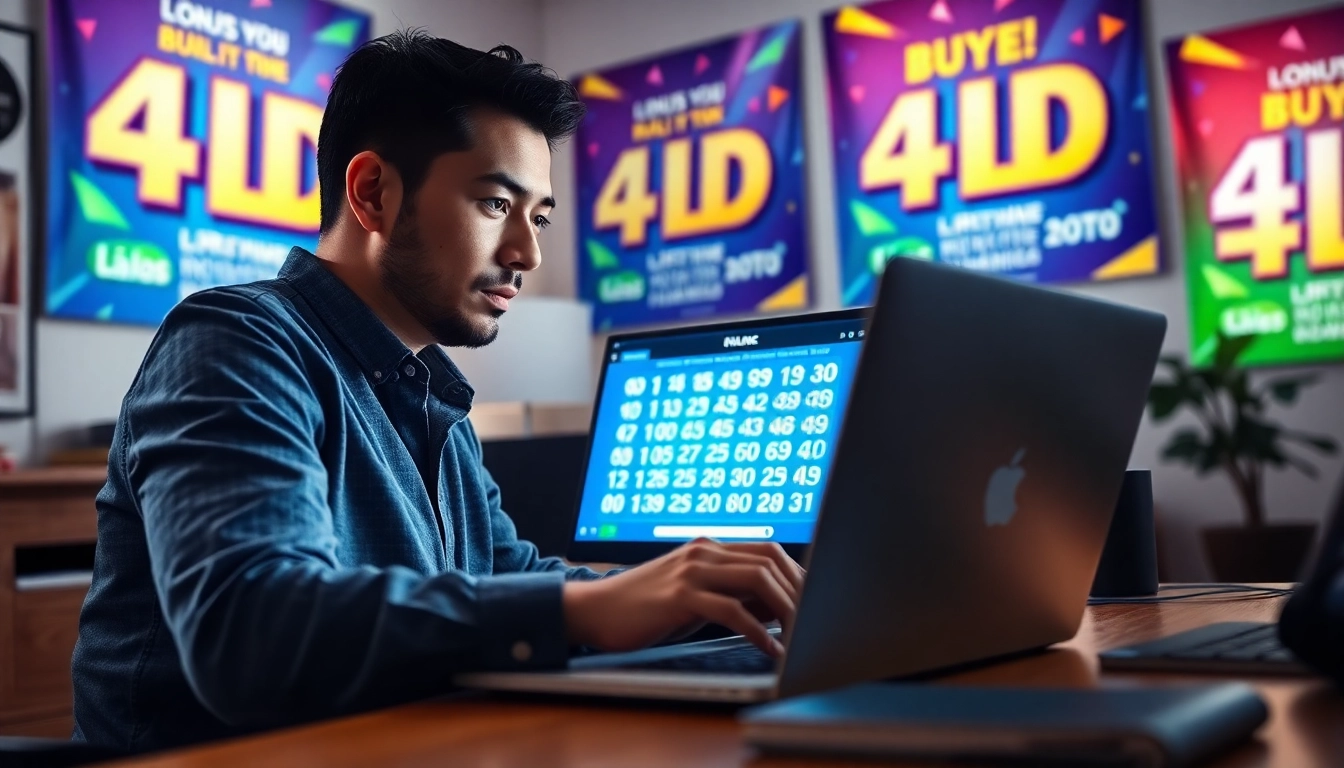 Engaging scene of a user preparing to buy 4D online tickets with a laptop in a cozy setting.