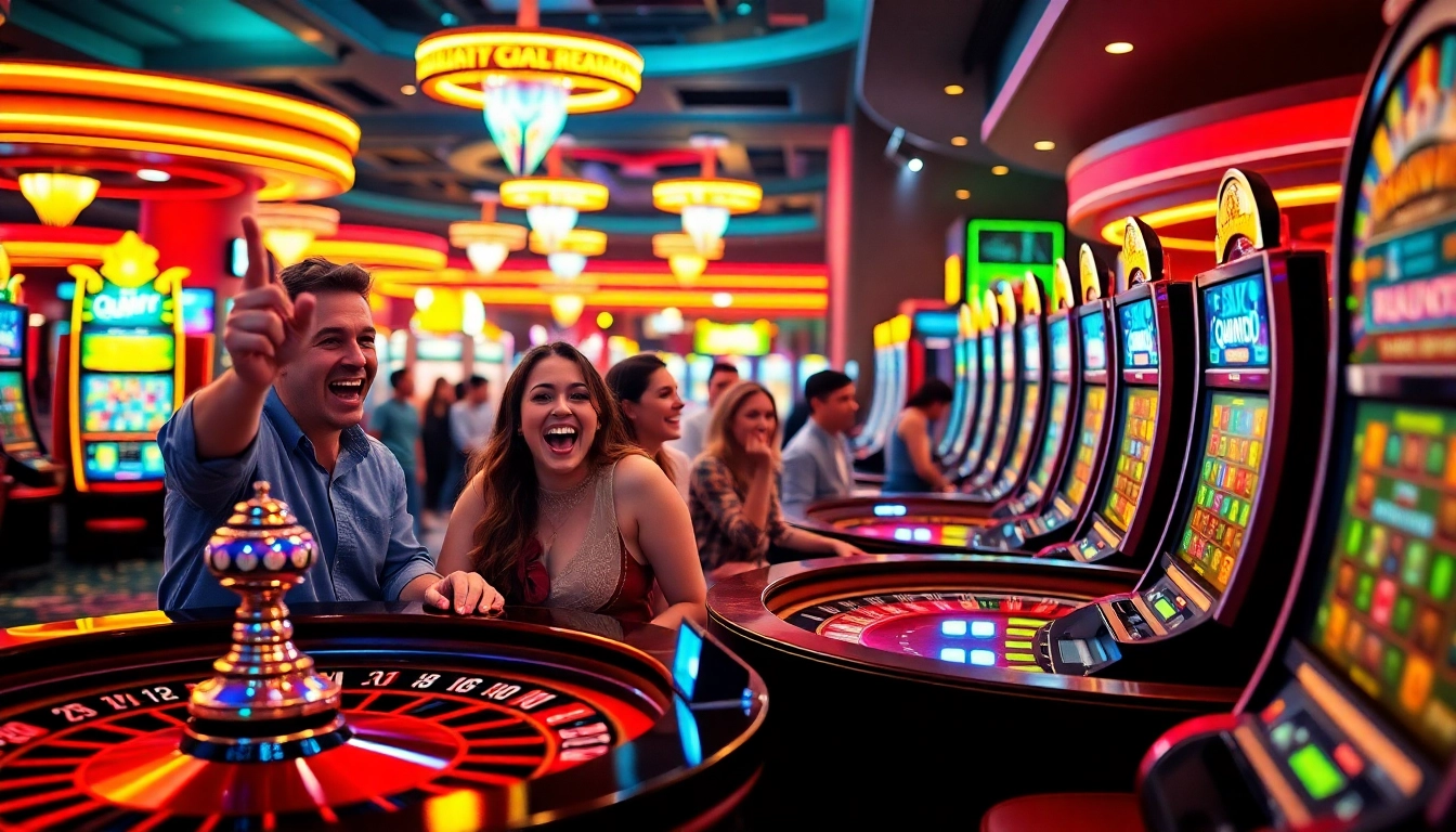 Mainkan QQAXIOO slot di kasino yang penuh warna dengan pemain bersemangat.