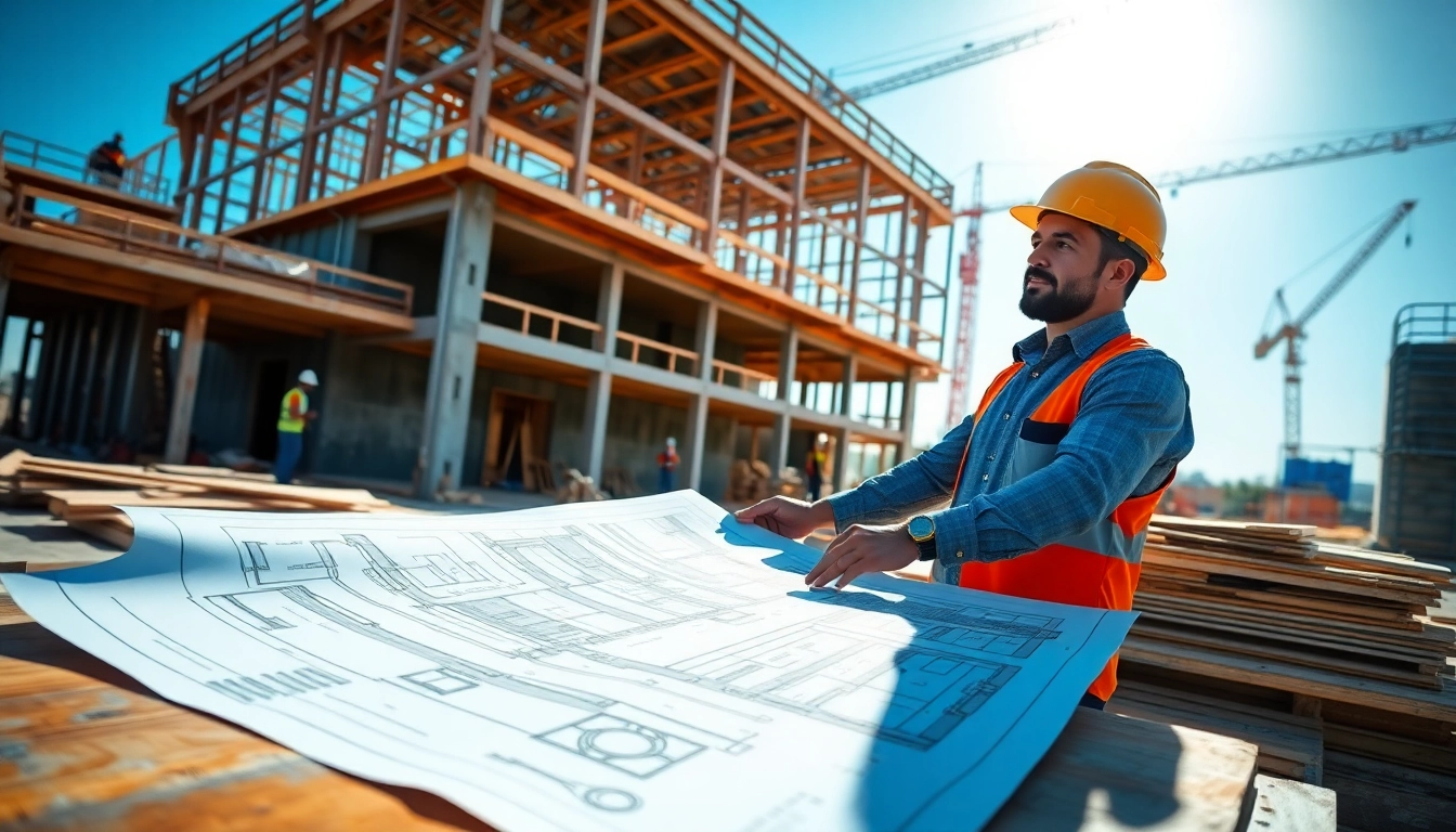 General contractor reviewing plans on a construction site with materials and workers in the background.