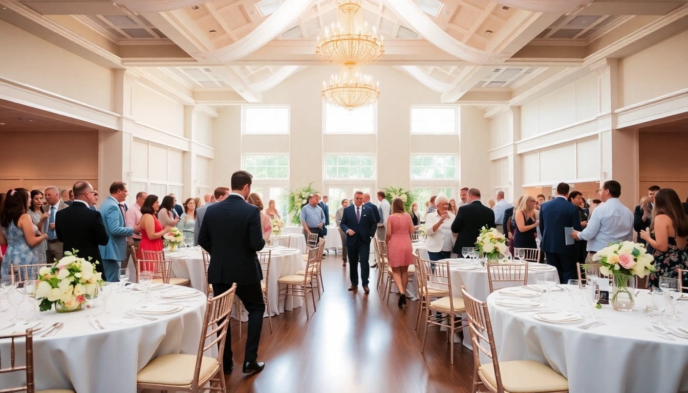 Engaged guests celebrating at a trenton event center with elegant decorations and bright lighting.