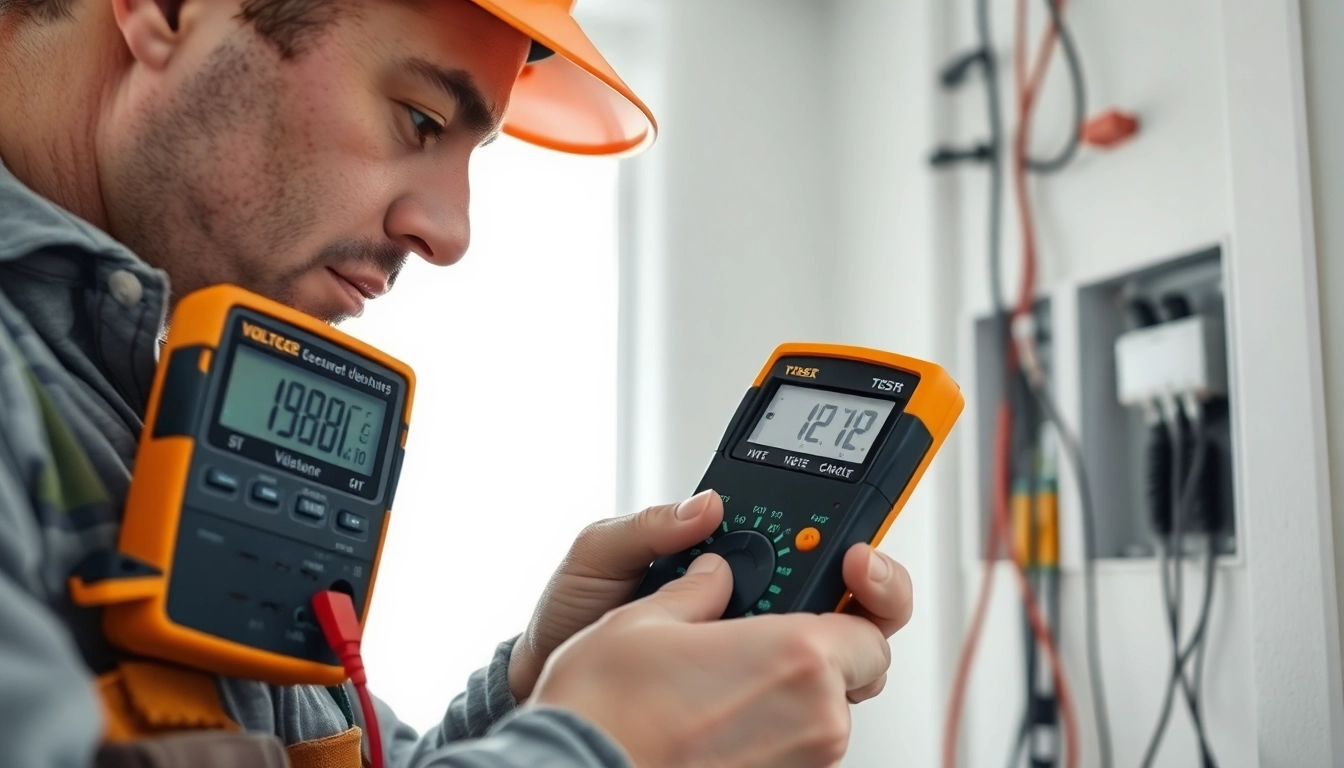Electrical troubleshooting with a professional electrician using a multimeter in a home environment.