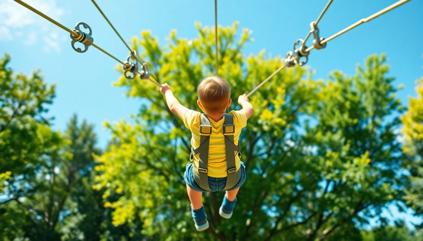 Child enjoying a thrilling ride on a ZIP WIRE KIT in a vibrant backyard.