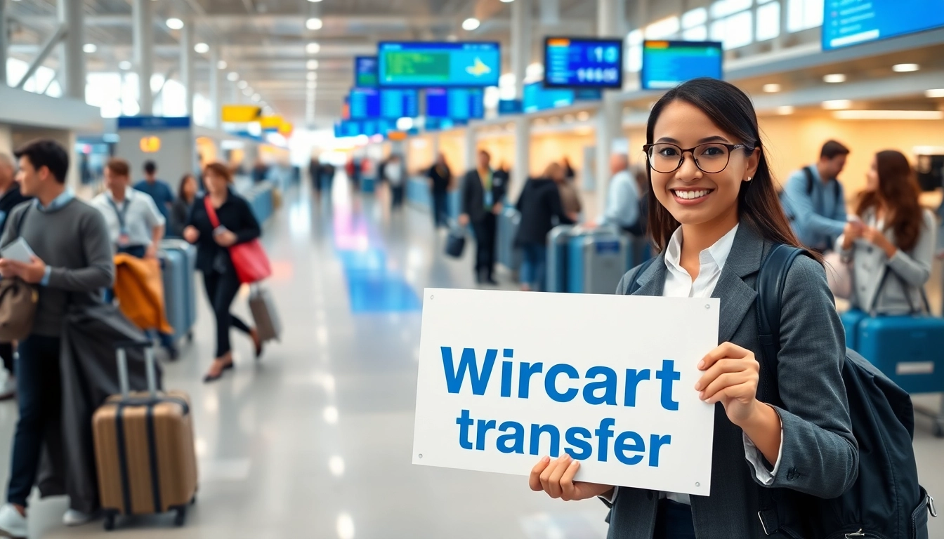 Airport transfers service showcasing friendly drivers in a busy airport terminal, ensuring traveler convenience.