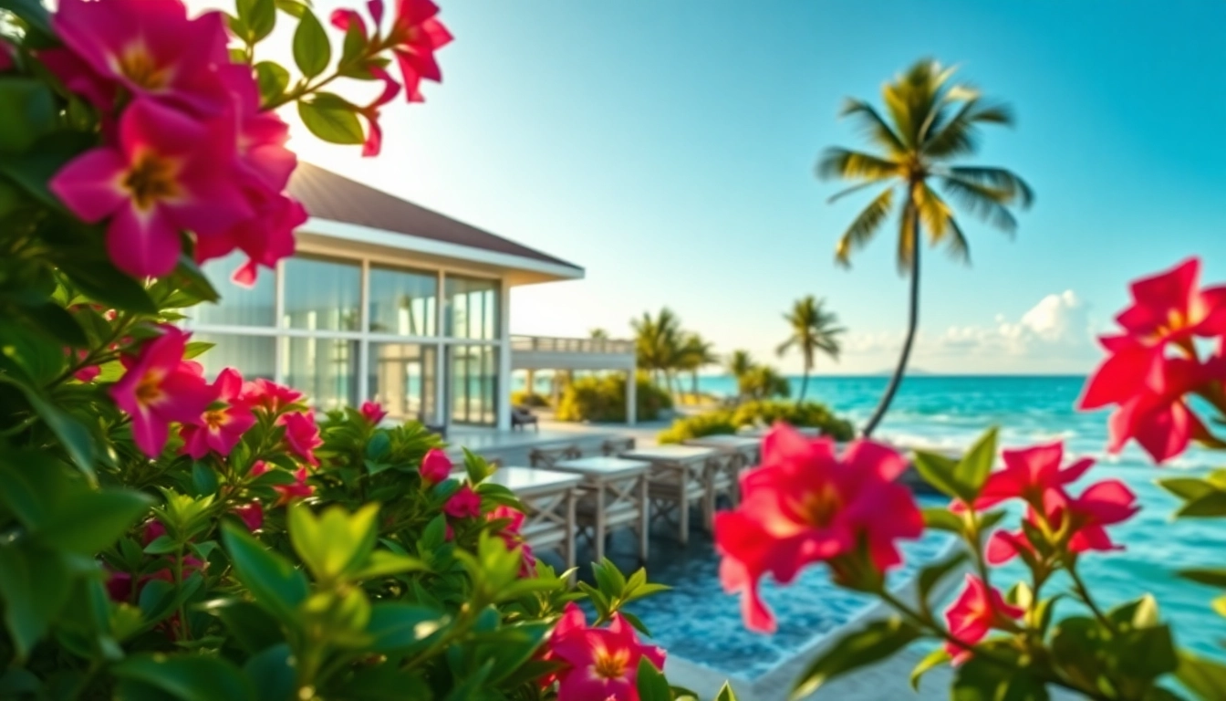 Attractive beachfront villa showcasing Belize Property For Sale nestled amidst tropical flora.