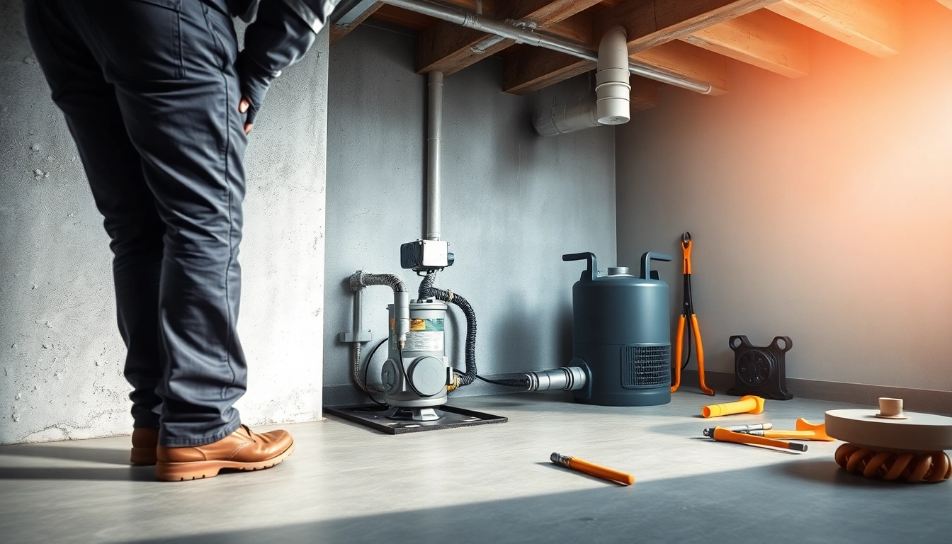 Sump pump installation process with a technician in a bright, modern basement ensuring proper setup.