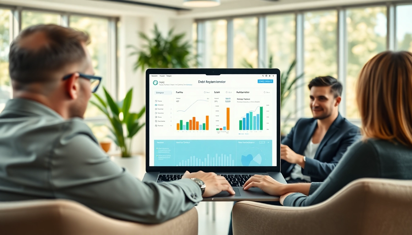 Engaged financial advisor demonstrating a debt repayment tool to clients in a modern office.