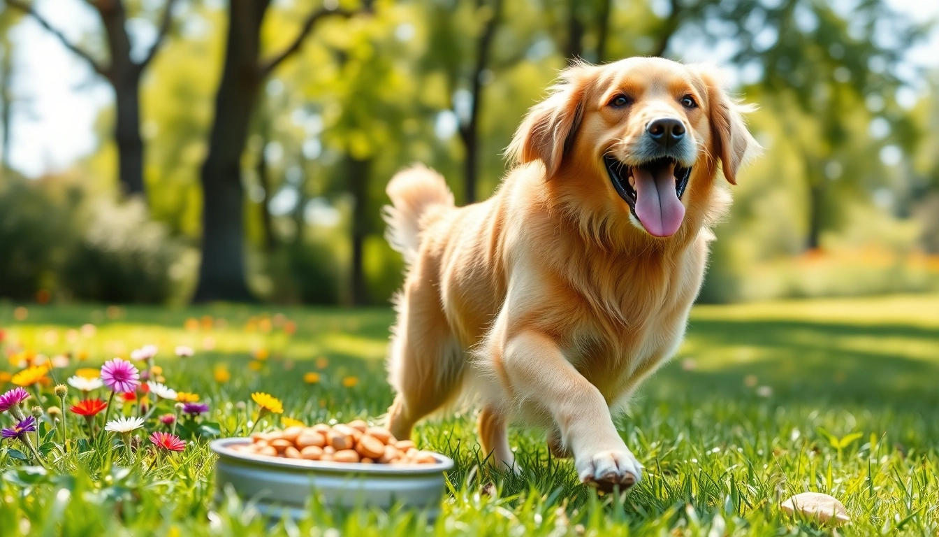 Happy golden retriever enjoying fresh badlands ranch dog food canada outdoors with vibrant scenery.