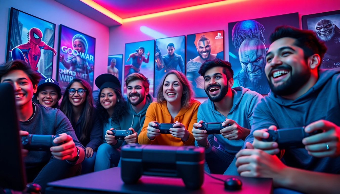 Gamers enjoying popular ps4 games in a vibrant gaming room.