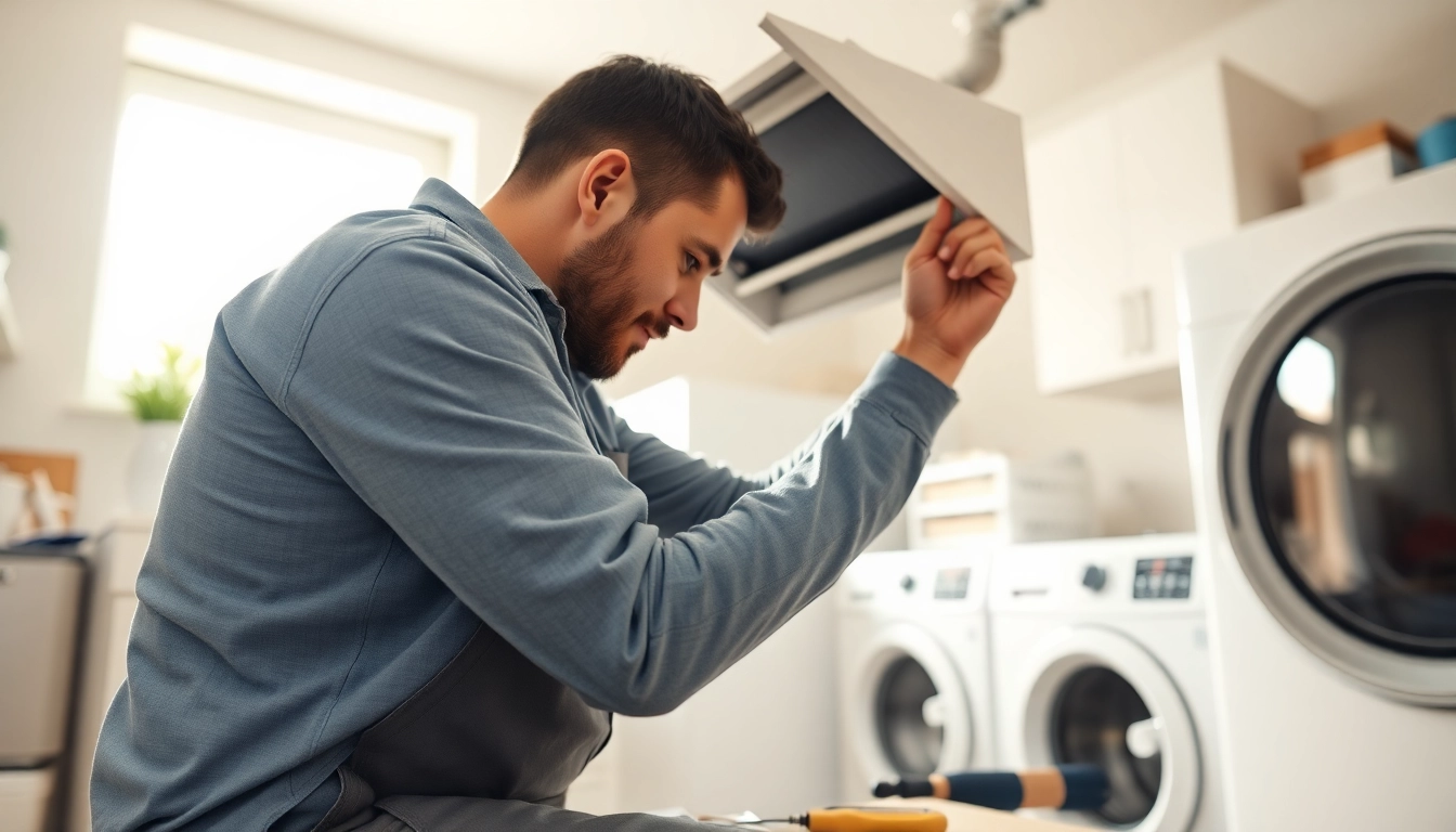 Technician servicing a dryer vent franchises near me in a bright and clean laundry environment.