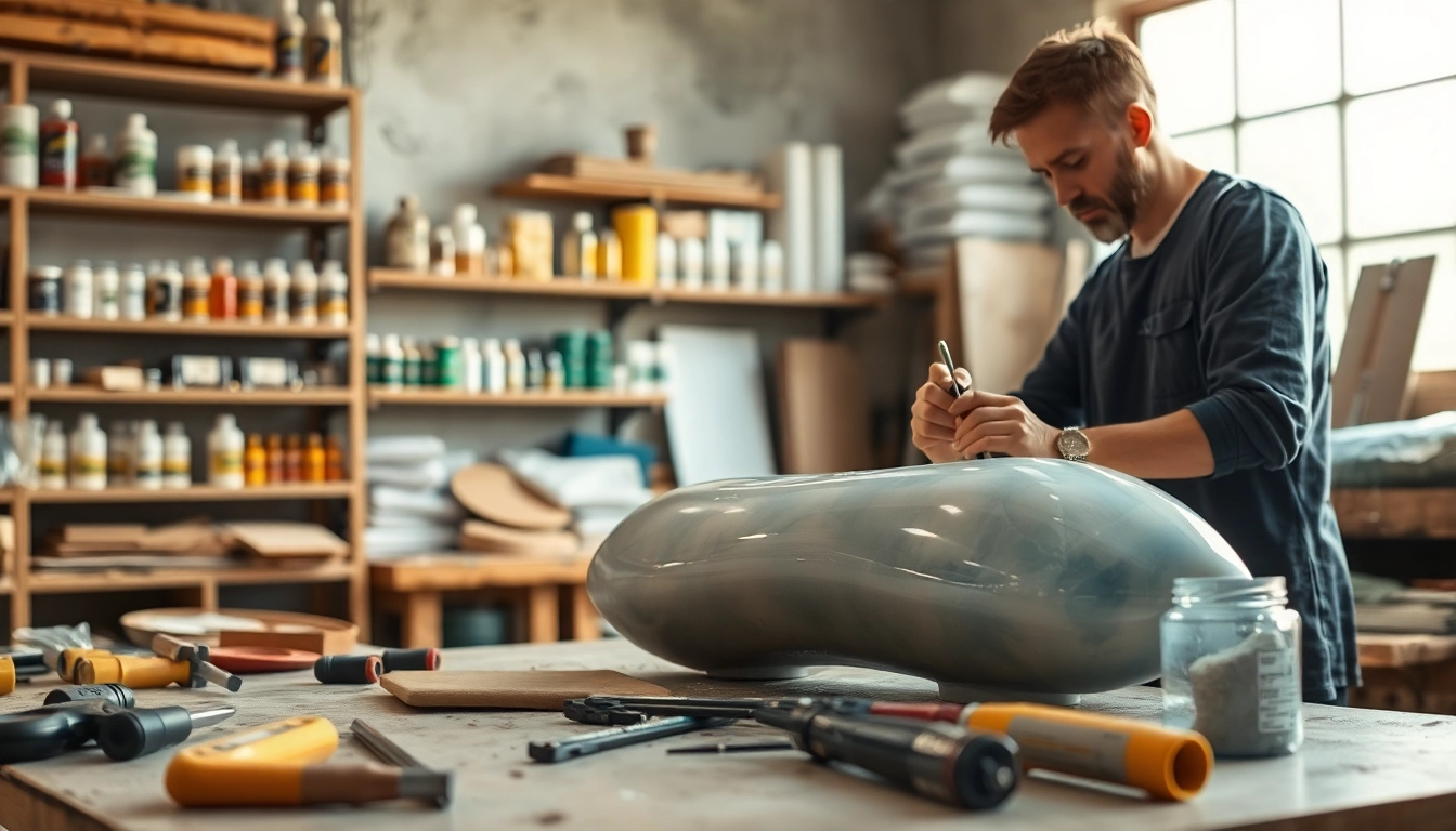 Applying laminating resin in a professional workshop, showcasing detailed craftsmanship.