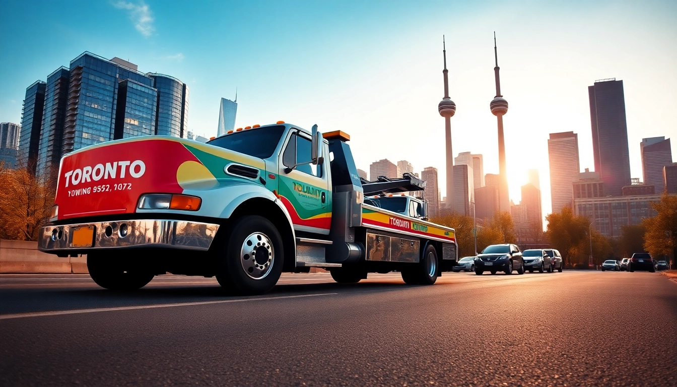 Experience reliable Towing Service in Toronto with a prominent tow truck against the city's skyline.