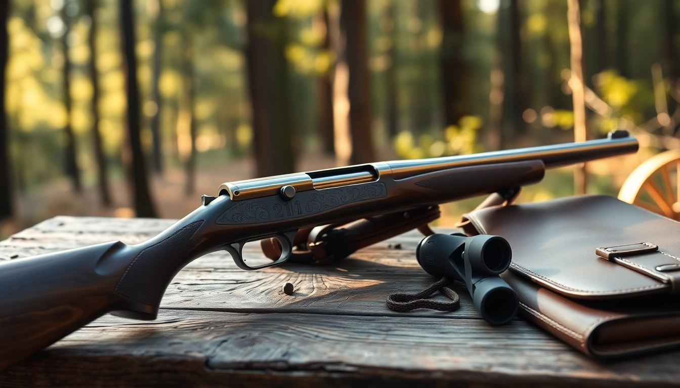 Showcase a 22 rifle on a rustic table, highlighting its craftsmanship and outdoor adventure appeal.