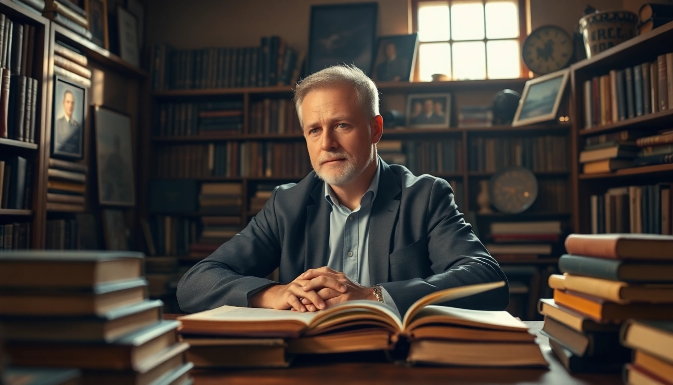 Discover captivating moments at https://www.mannysousabooks.com through the author's thoughtful workspace surrounded by history.