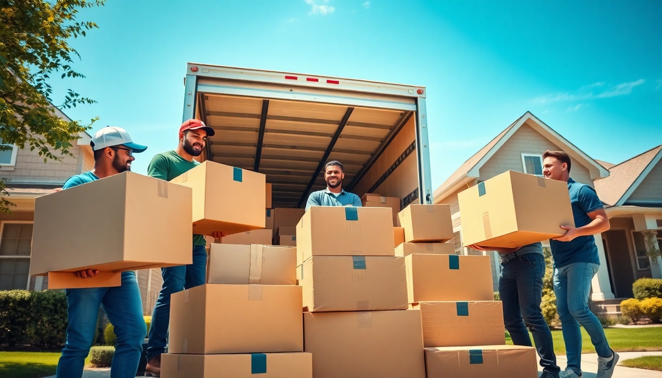 Movers providing Local Moving Services by packing and loading boxes into a truck in a sunny neighborhood.