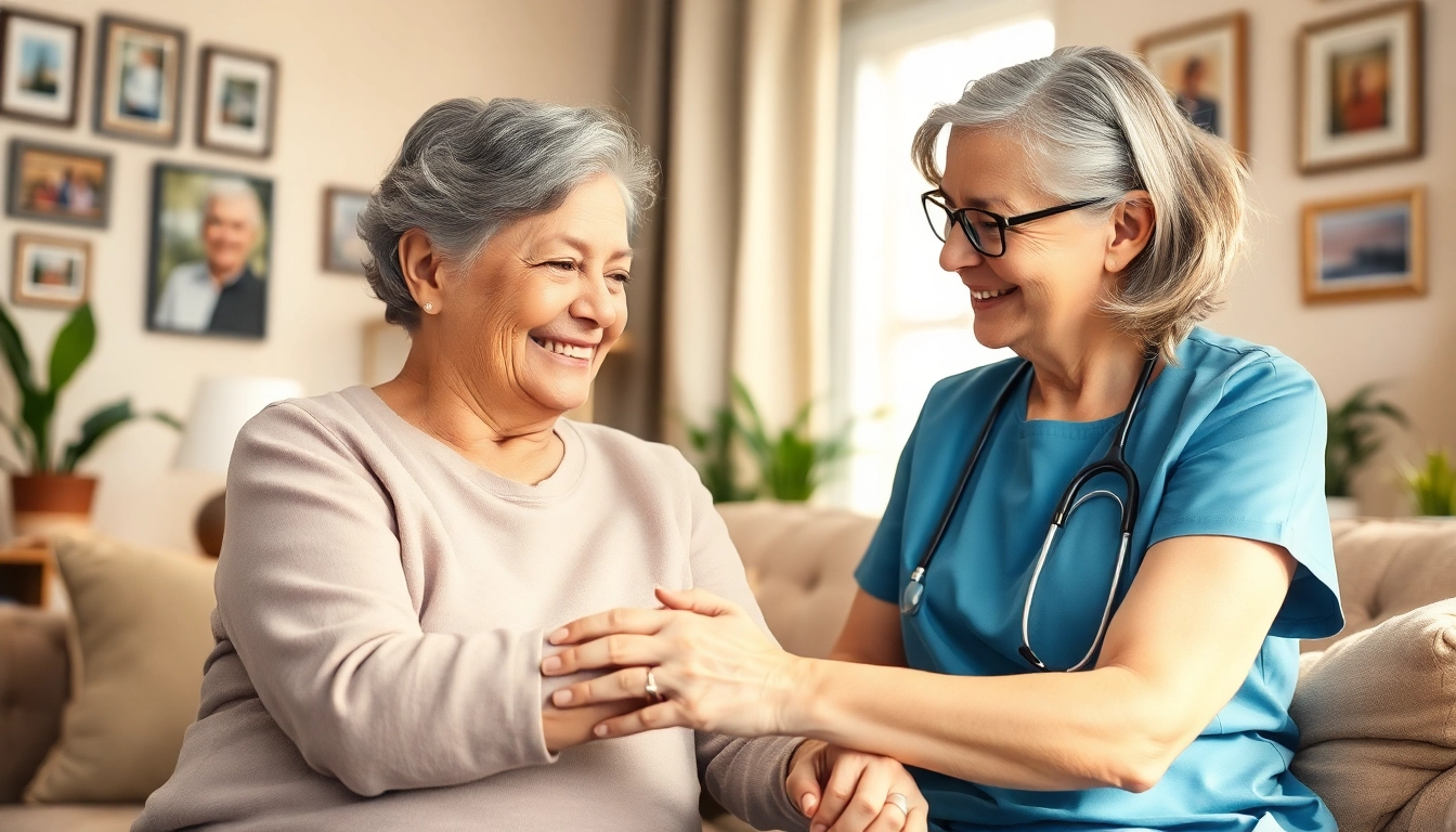 Engaging scene of in home care Austin TX with a caregiver and an elderly client in a warm home environment.