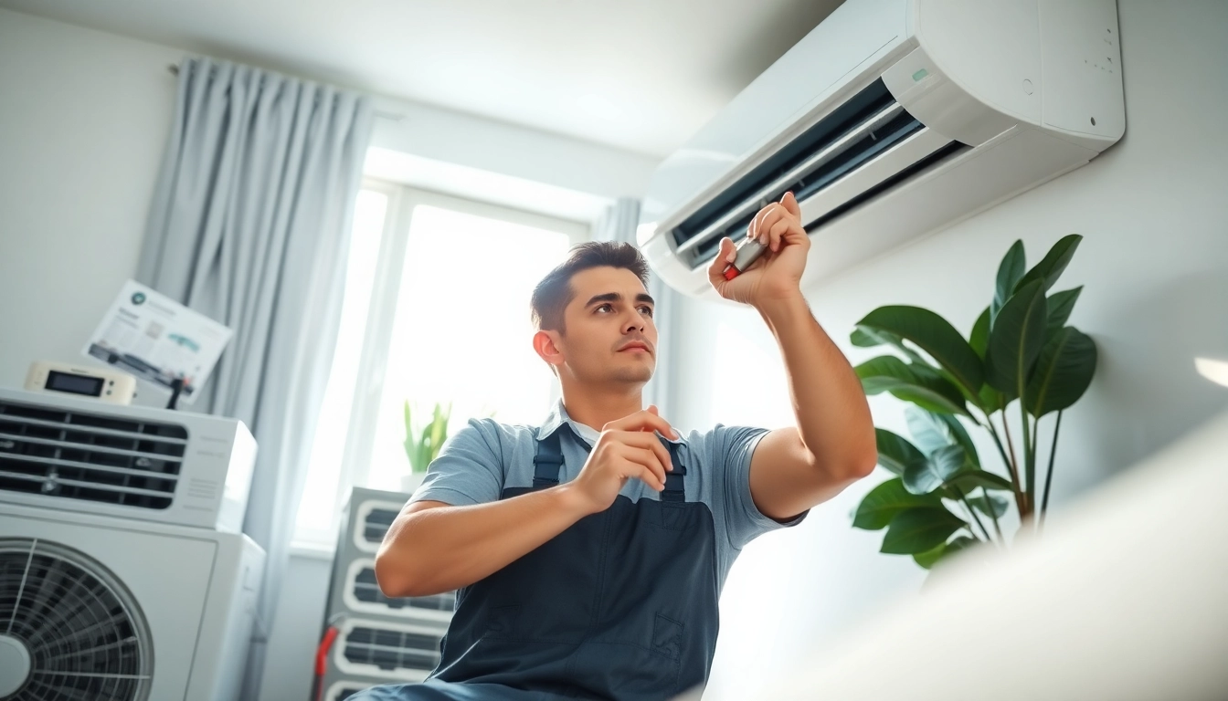 Aircon servicing by a professional technician within a modern home environment while performing maintenance tasks.