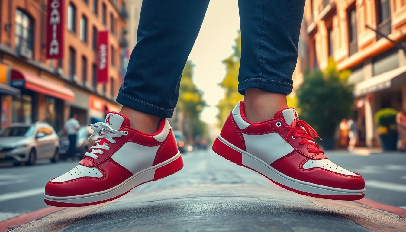 Showcasing replica shoes on a model in an urban environment with vibrant colors.