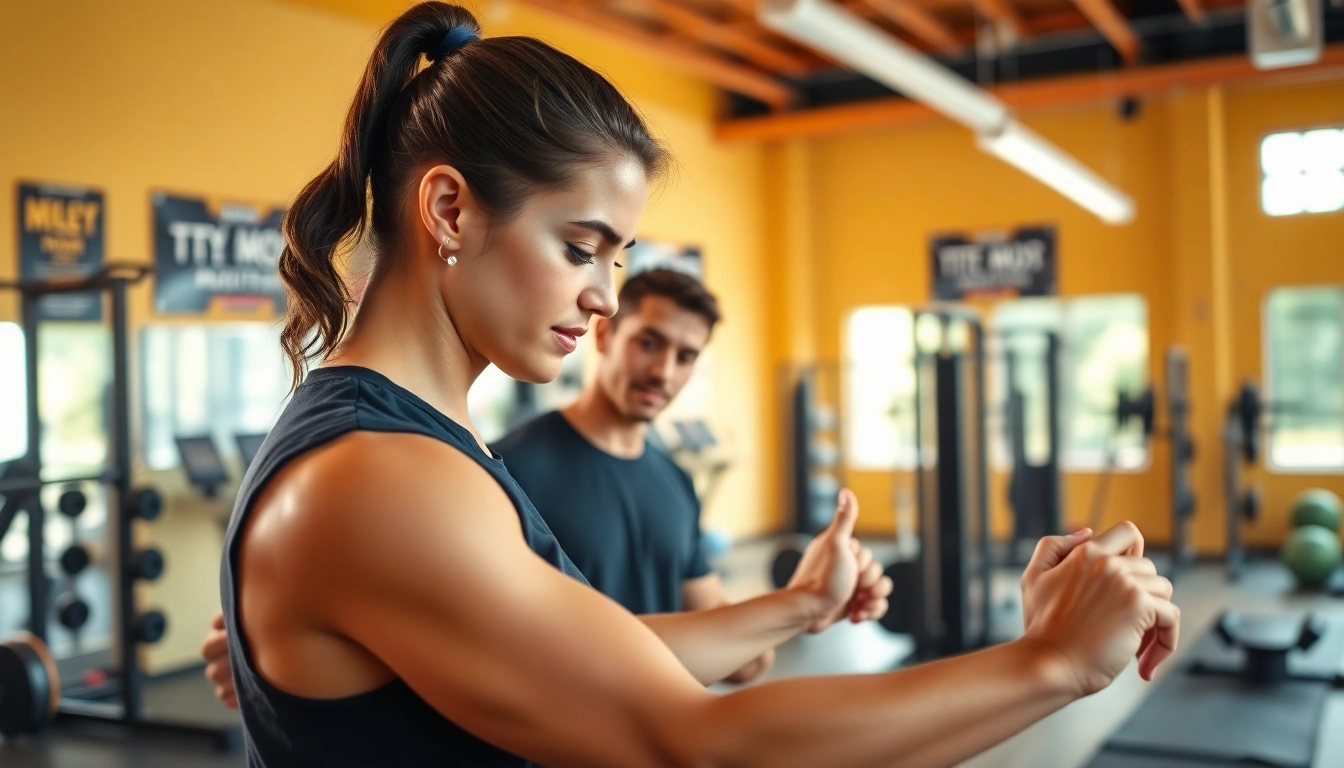 Engaged personal trainer near me guiding a client through a workout in a bright gym.