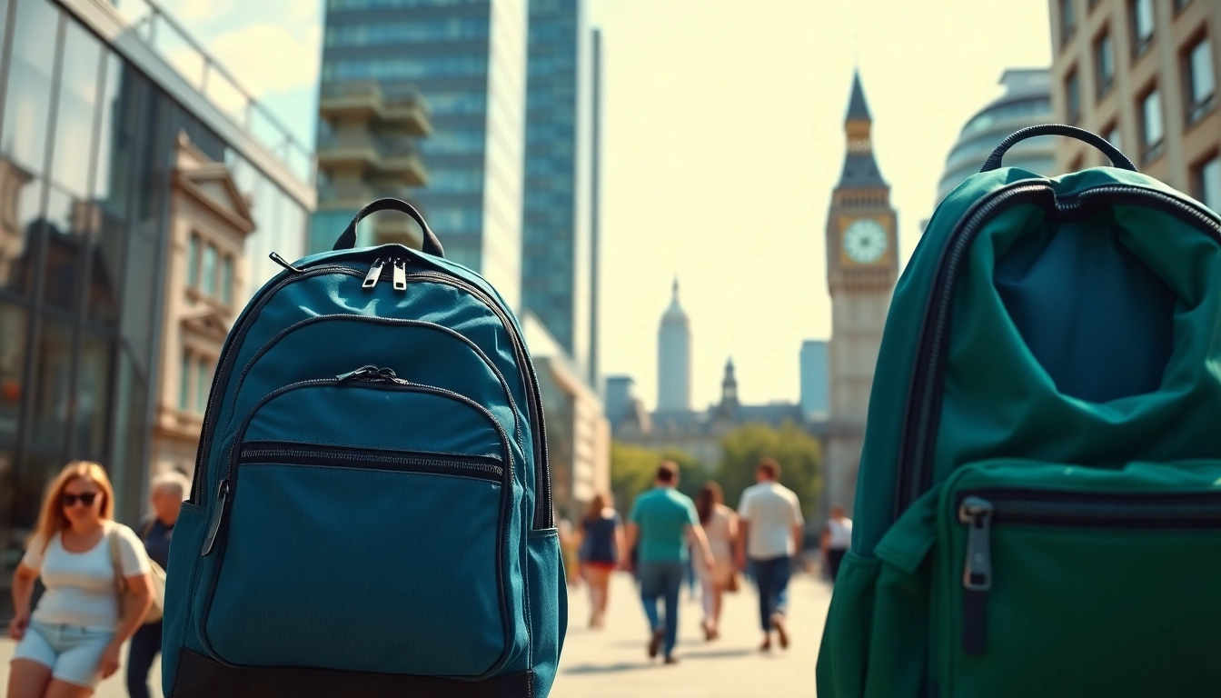Showcase a vibrant London Backpack brand against a lively urban backdrop