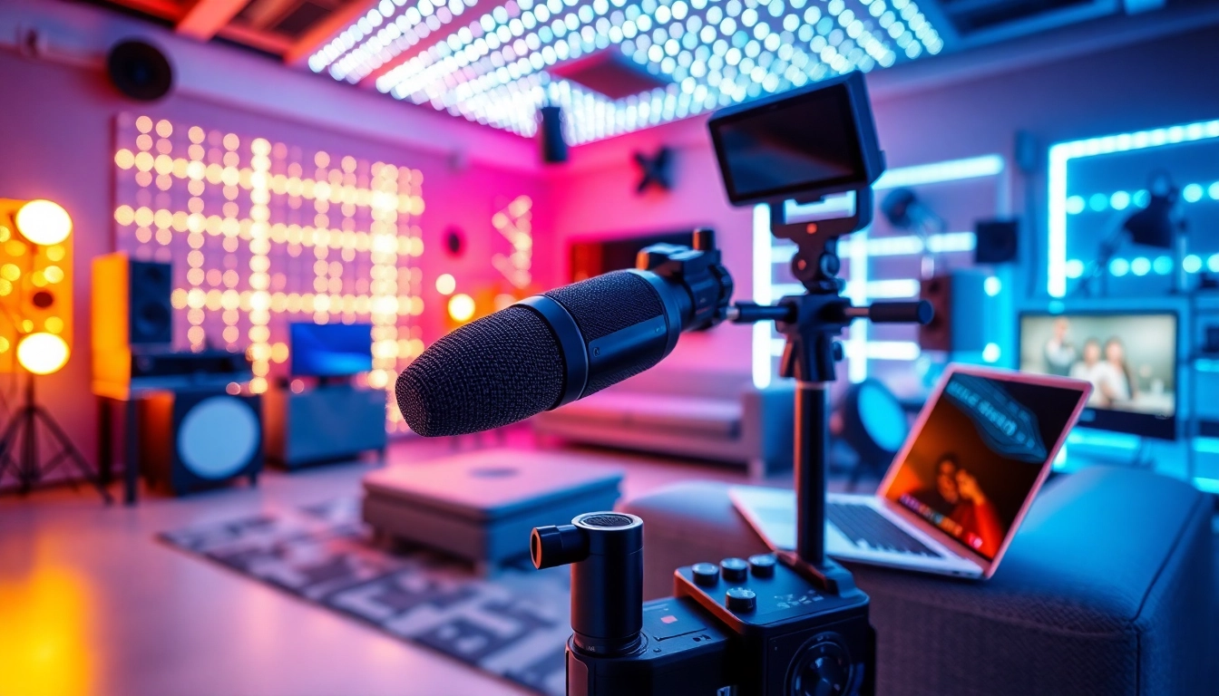 Capture a professional live stream setup with vibrant LED lighting and high-quality equipment.