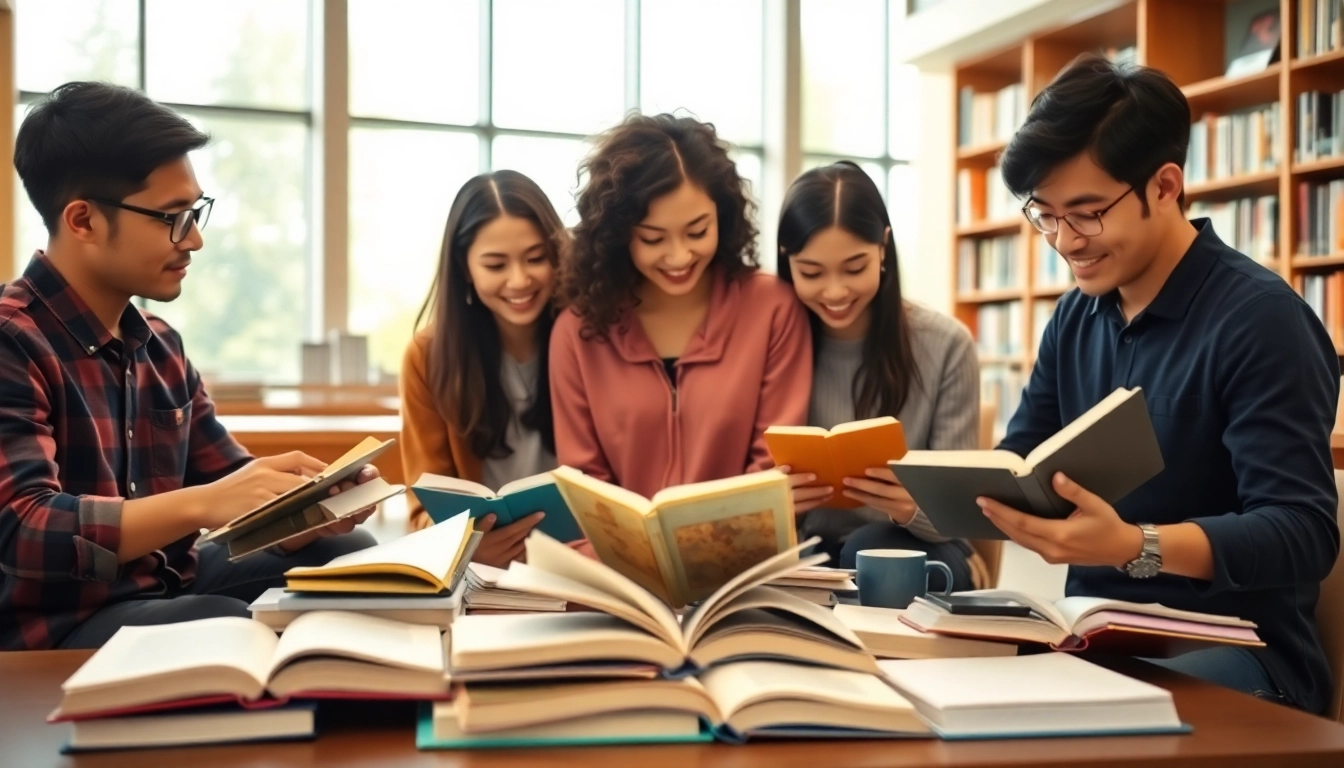 International students collaborating on studies in a bright library environment.