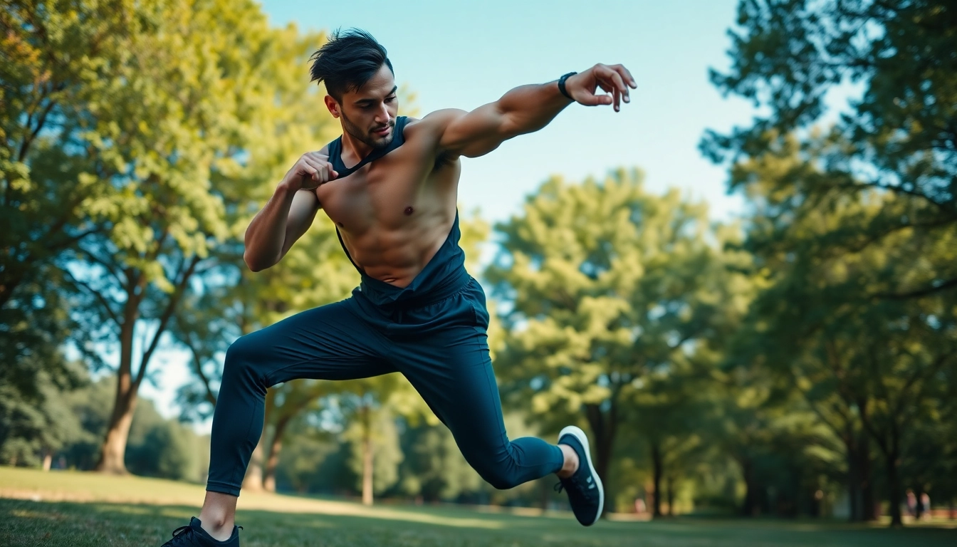 Movenetics athlete demonstrating agility and fitness in a vibrant park setting.