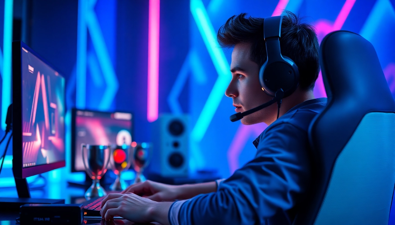 Mendaftar batman138 sebagai gamer profesional di meja gaming yang futuristik.