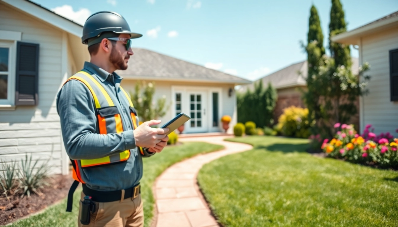 Pest control technician inspecting home for pests in a friendly, sunny environment.