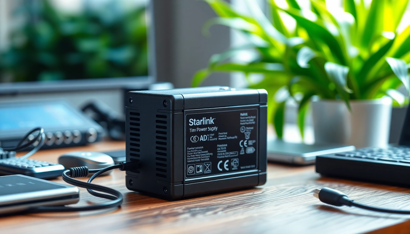 Showcasing the starlink mini 12v power supply on a wooden desk with tech gadgets.
