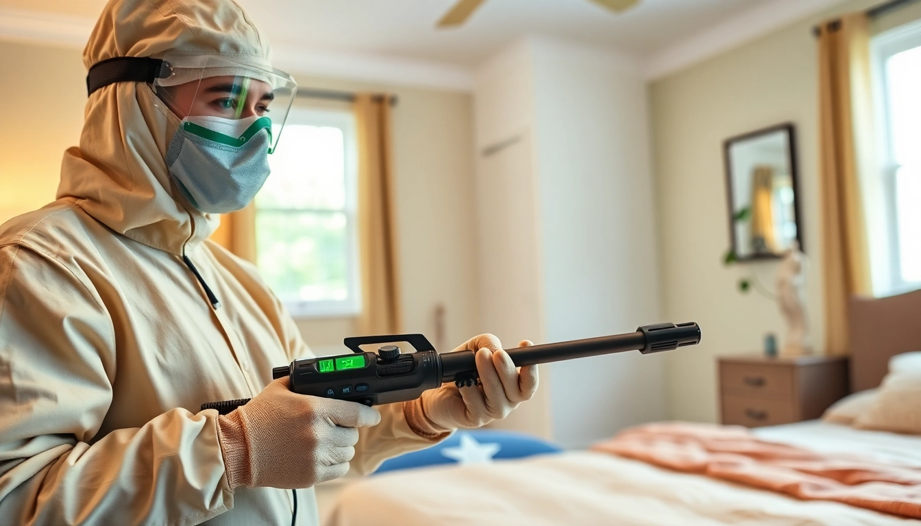 Bed bug exterminator applying effective pest control solutions in a residential setting.