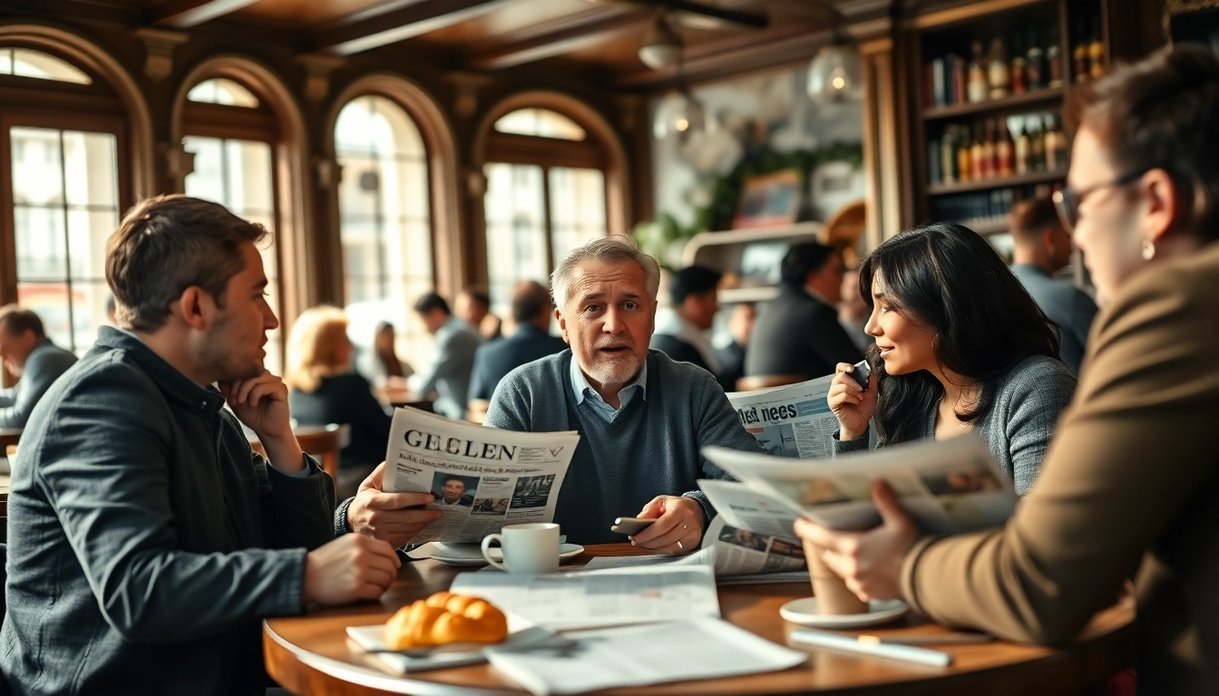 Discutant des dernières nouvelles françaises dans un café animé à Paris.