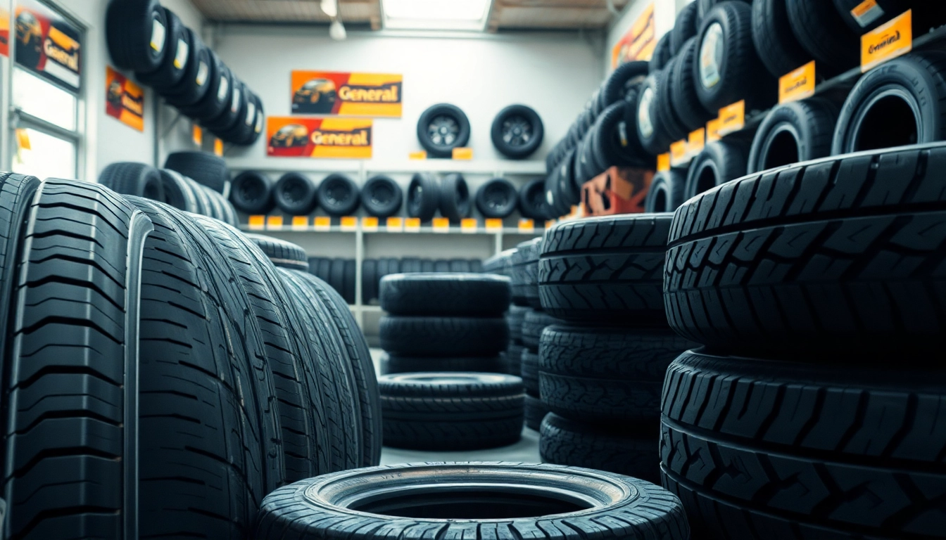 Explore General tires varieties showcased prominently in a well-lit tire shop.