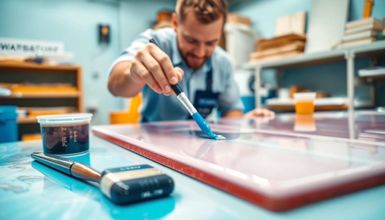 Applying laminating resin on fiberglass during crafting, showcasing professional techniques.