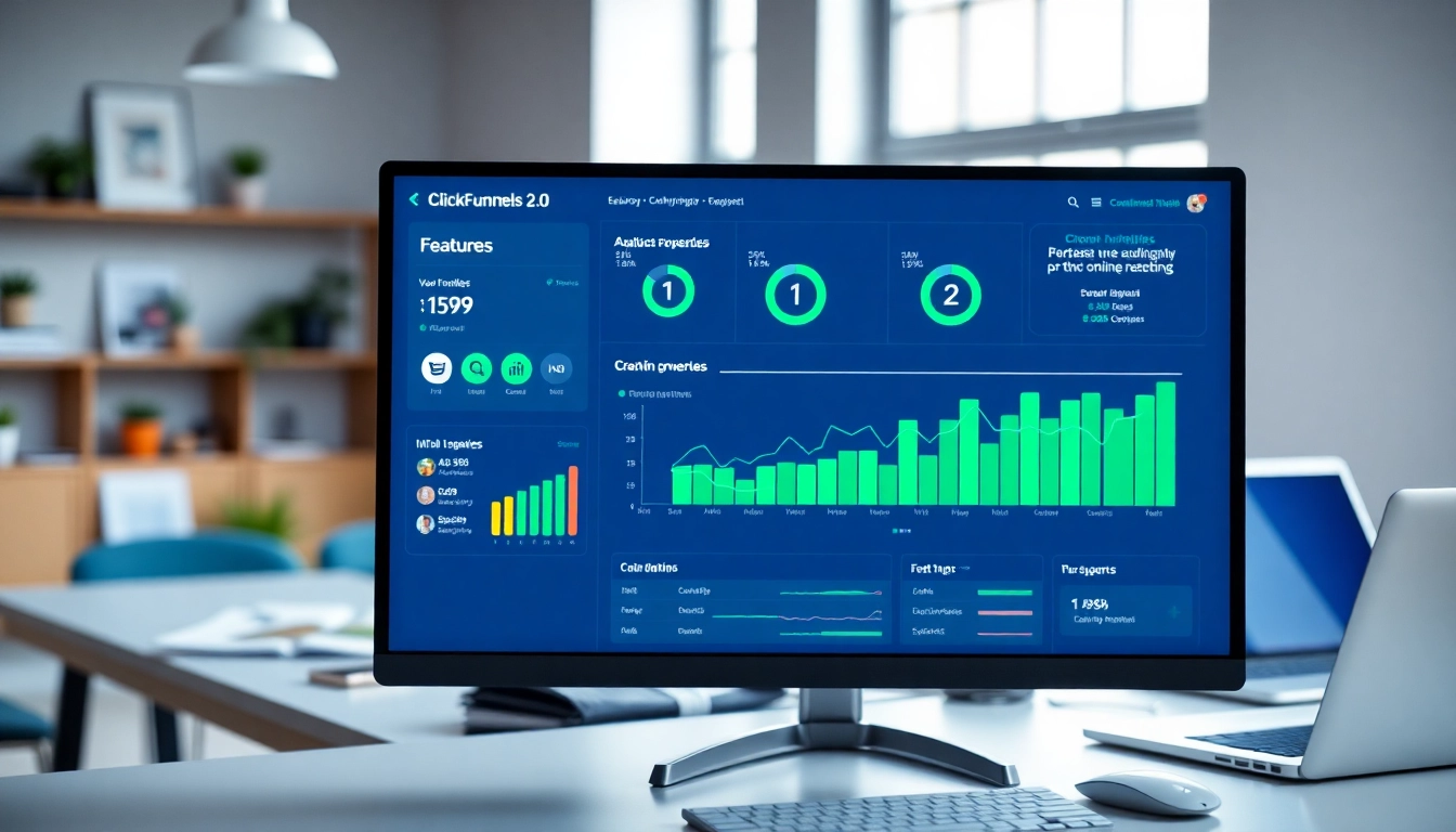 Visual representation of ClickFunnels 2.0 dashboard with engaging analytics in a professional setting.