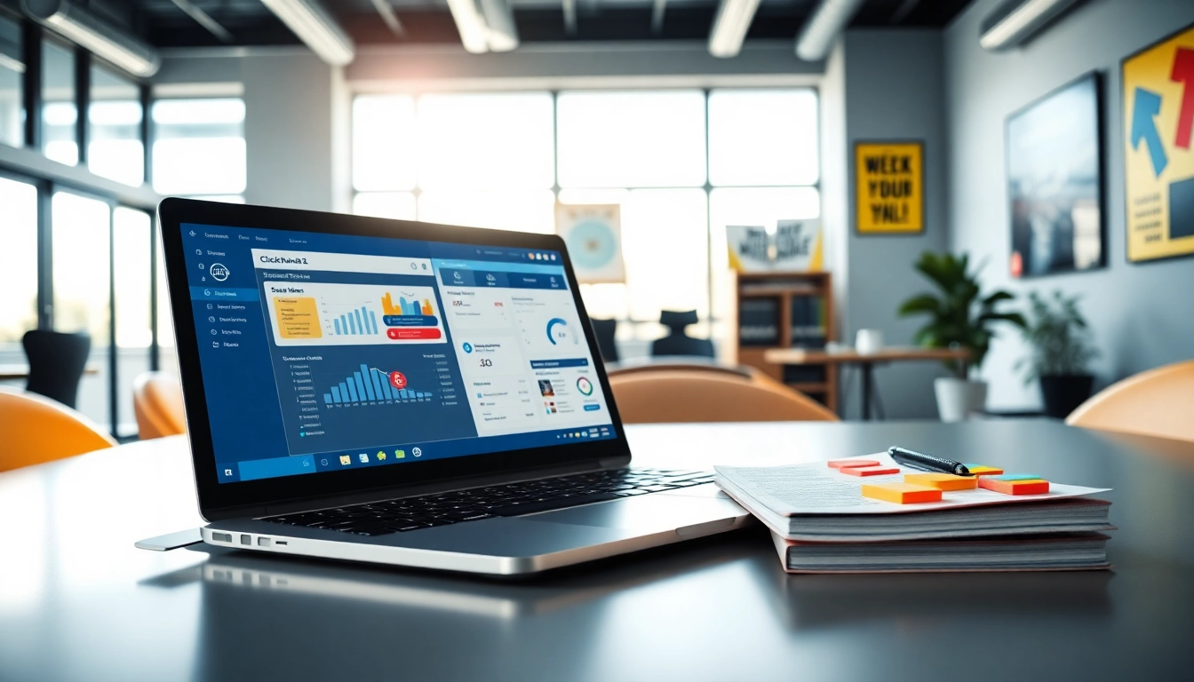 Engaging workspace with ClickFunnels 2.0 dashboard igniting productivity and creativity.