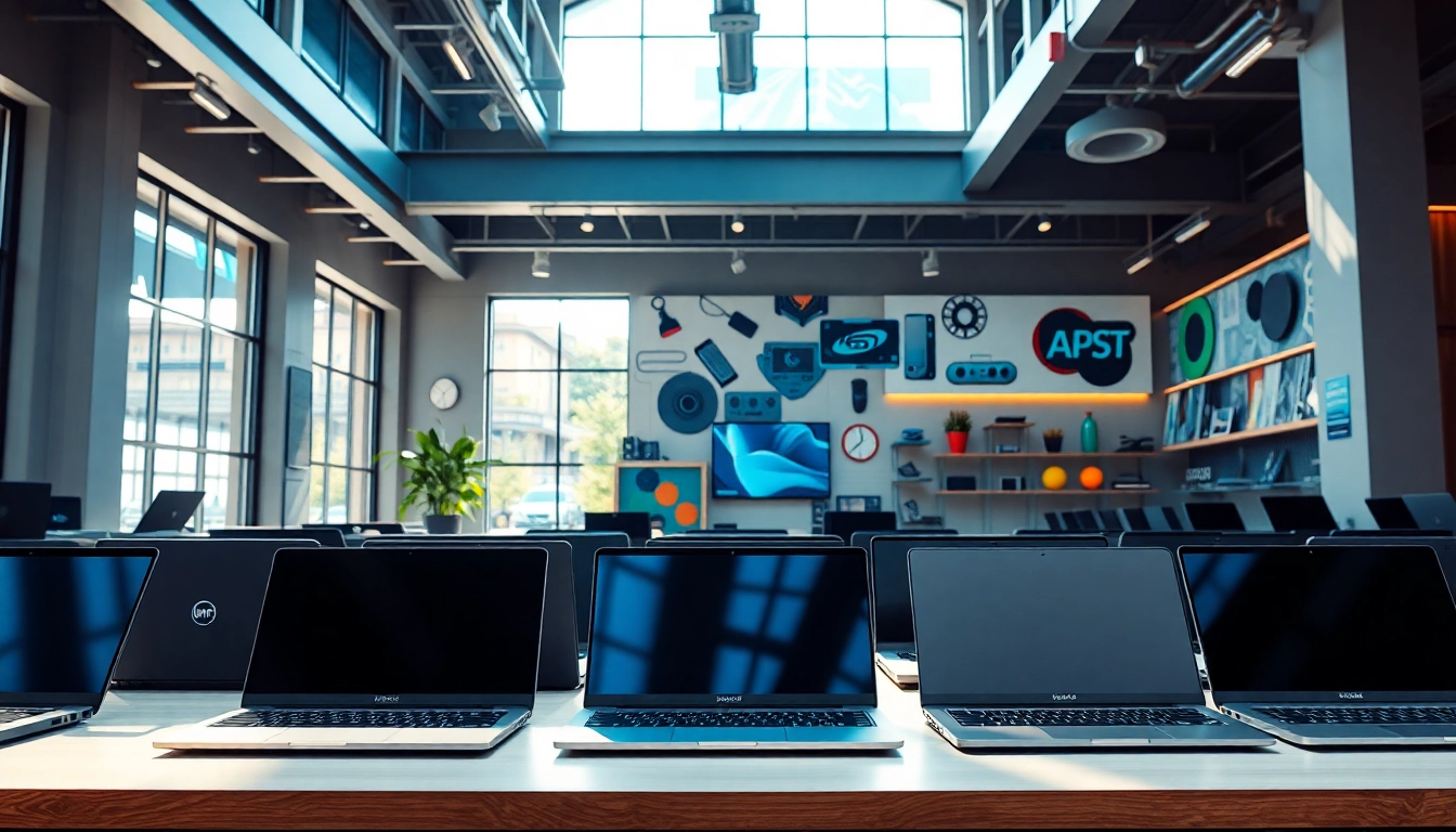 Browse laptops in a lively laptop store Kenya showcasing modern technology and vibrant design.