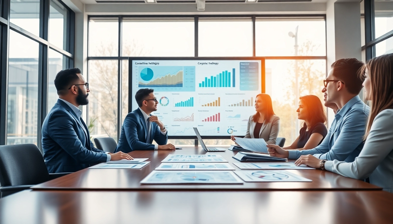 Investigating competitive intelligence data with business professionals analyzing strategies and graphs.