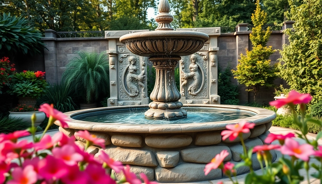 Gartenbrunnen mit zauberhafter Steinverarbeitung und blühenden Pflanzen im Vordergrund.
