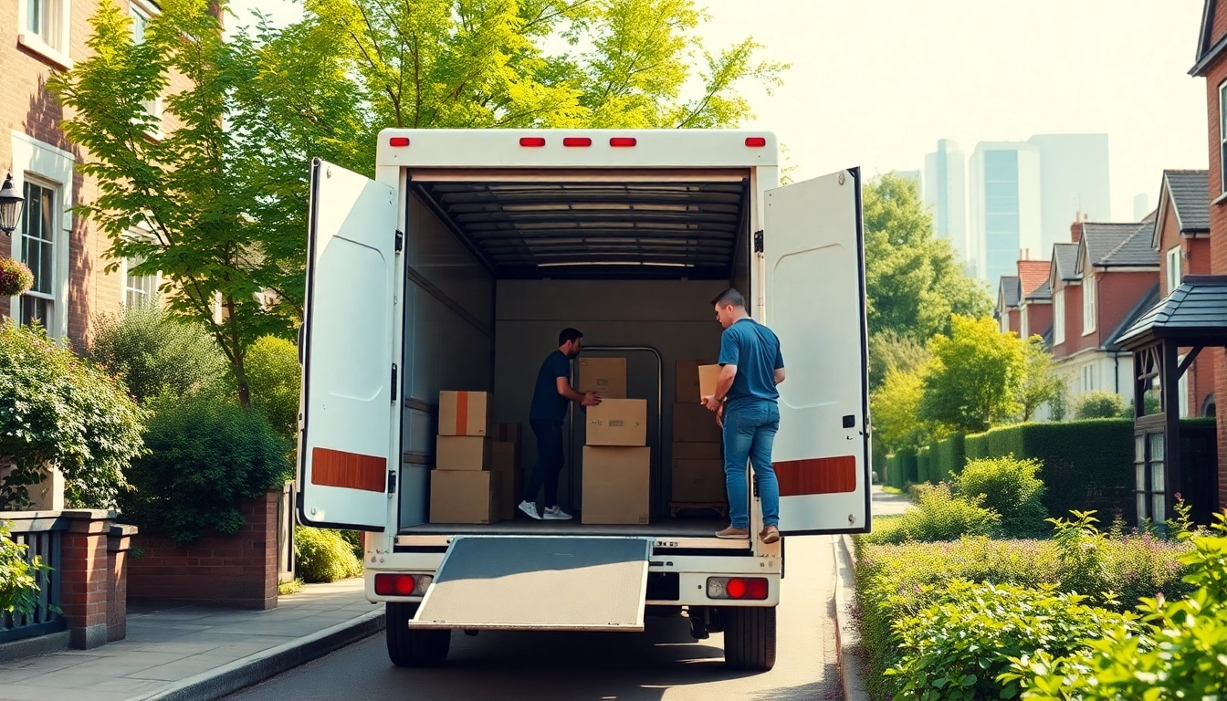 East London removals team efficiently loading boxes into a moving van outside a home.