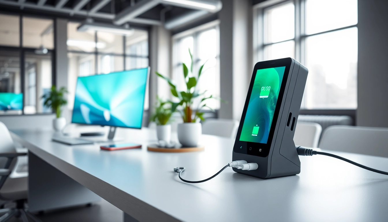 Rapid charging station connecting various devices in a modern office.