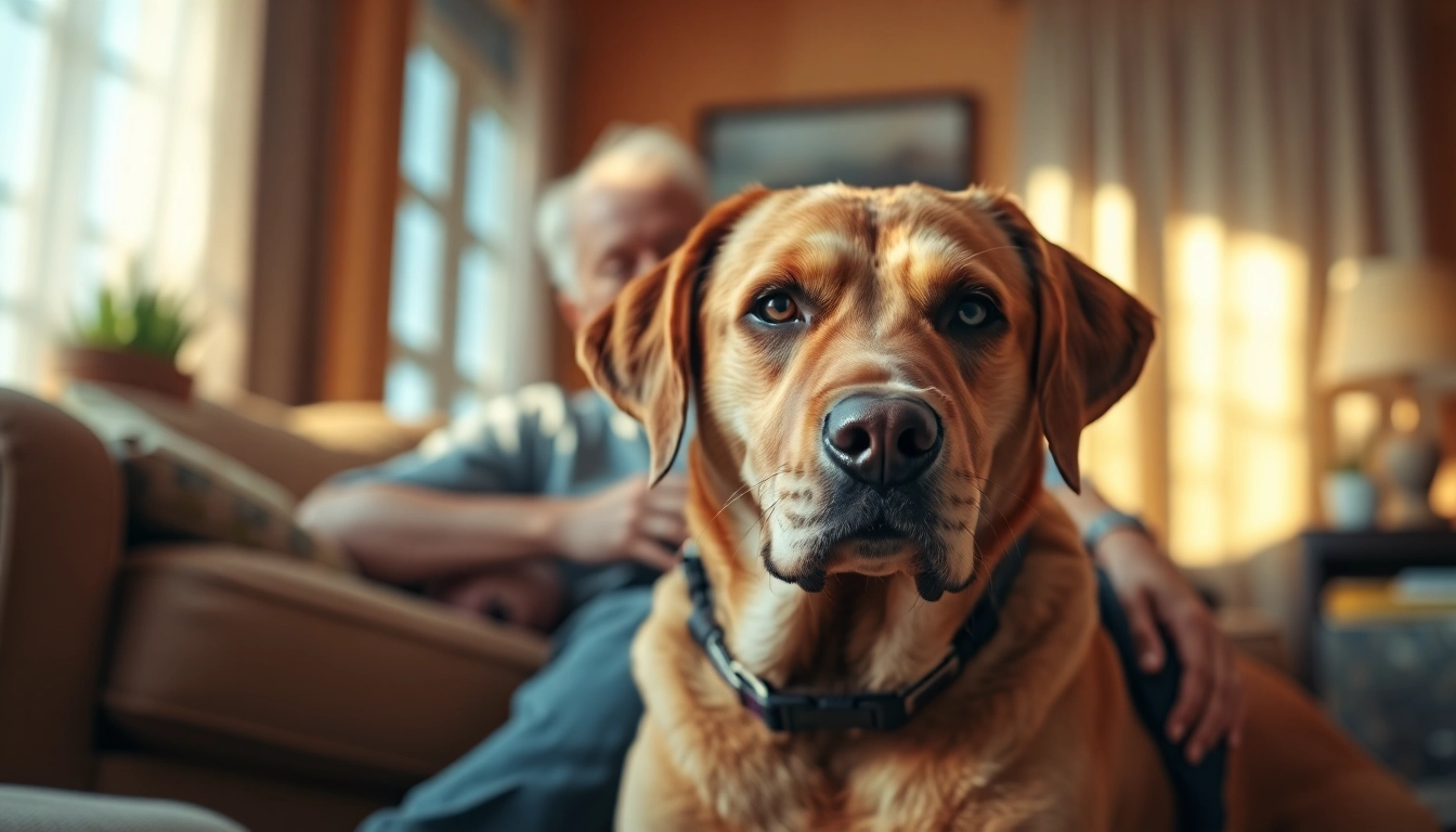 Supportive PTSD service dog for sale assisting a relaxed individual in a cozy living room.