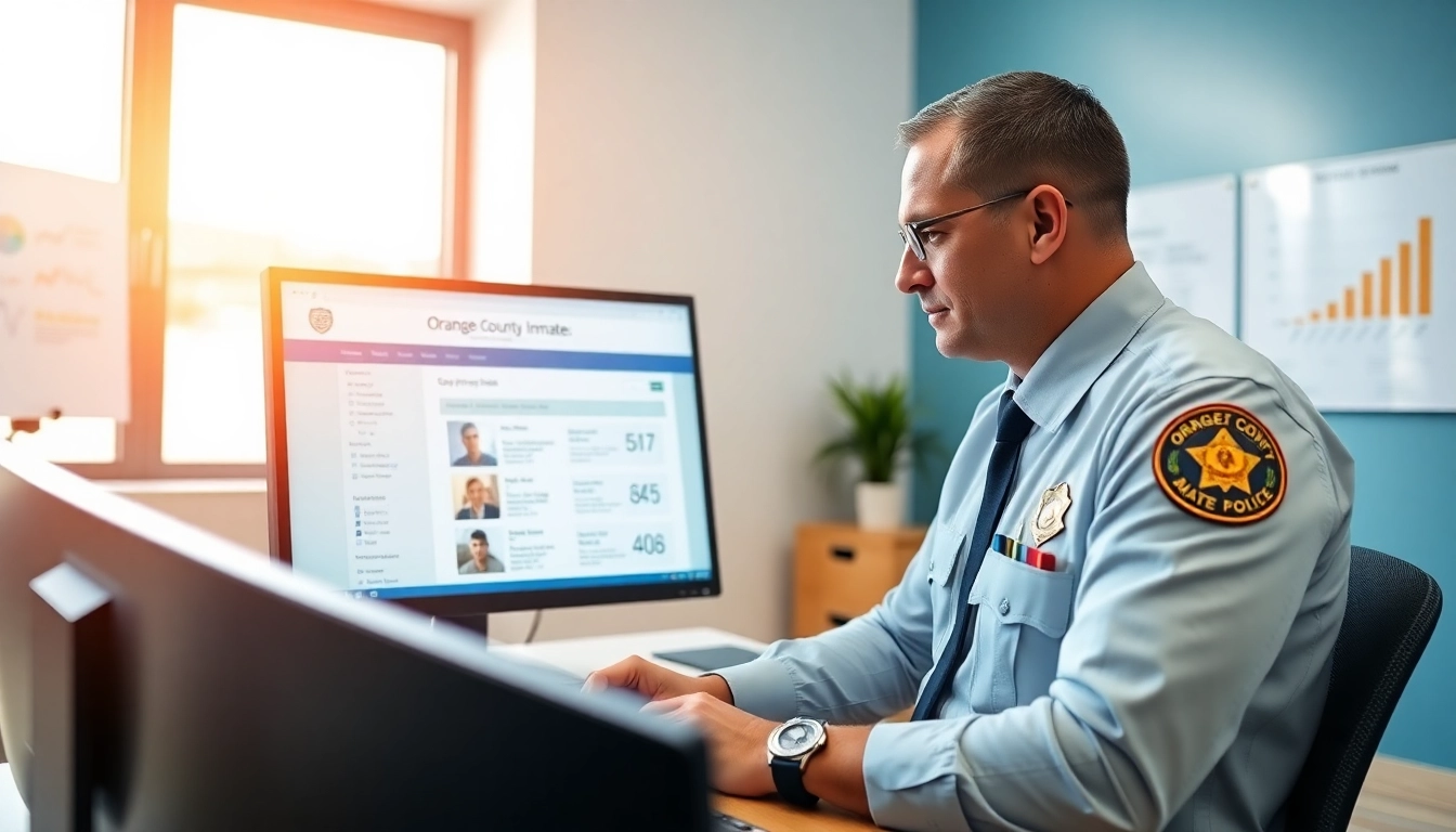 Conducting an orange county inmate search for inmate information in a professional office.