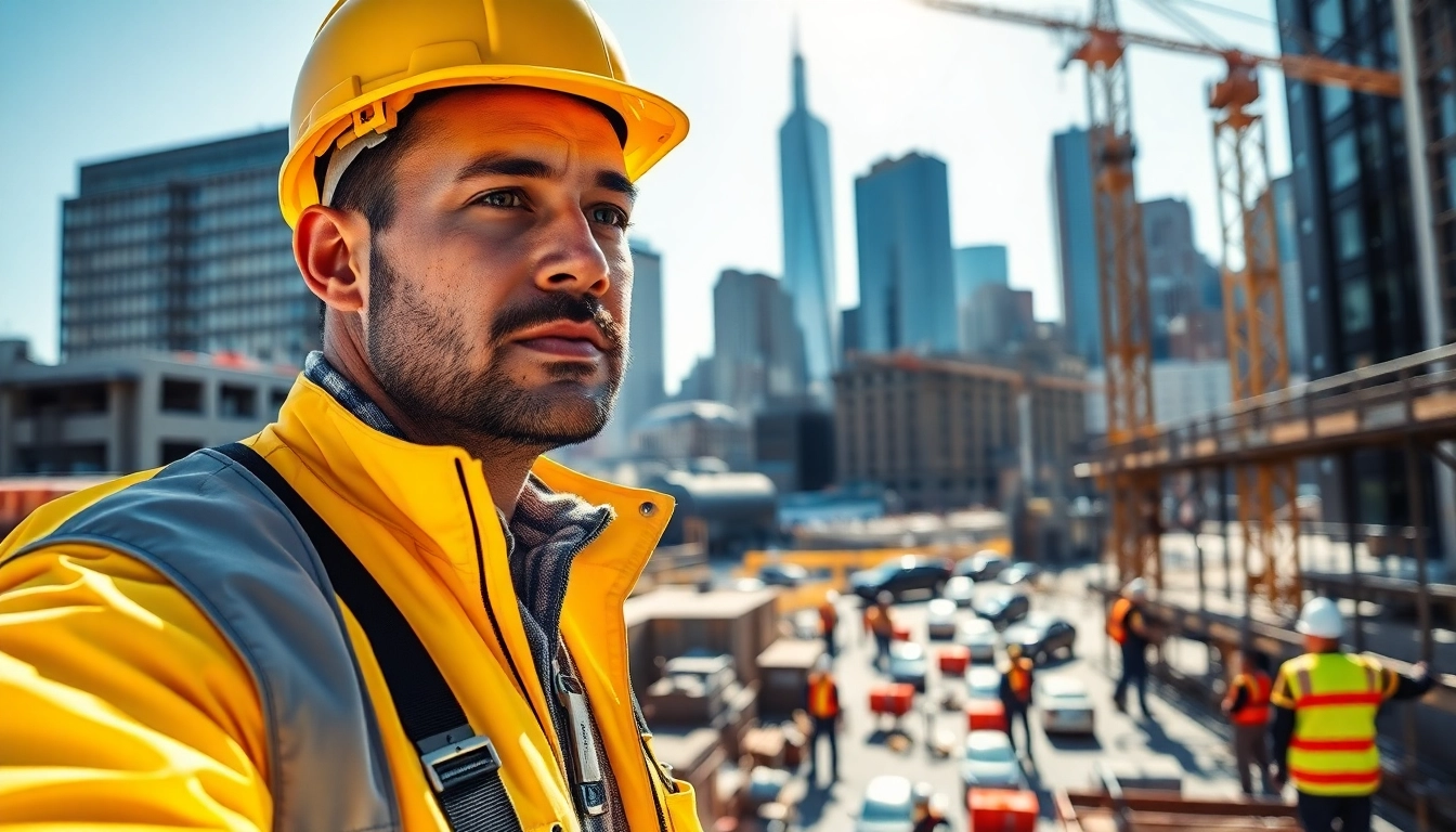 New York City Construction Manager overseeing an urban construction site filled with activity.
