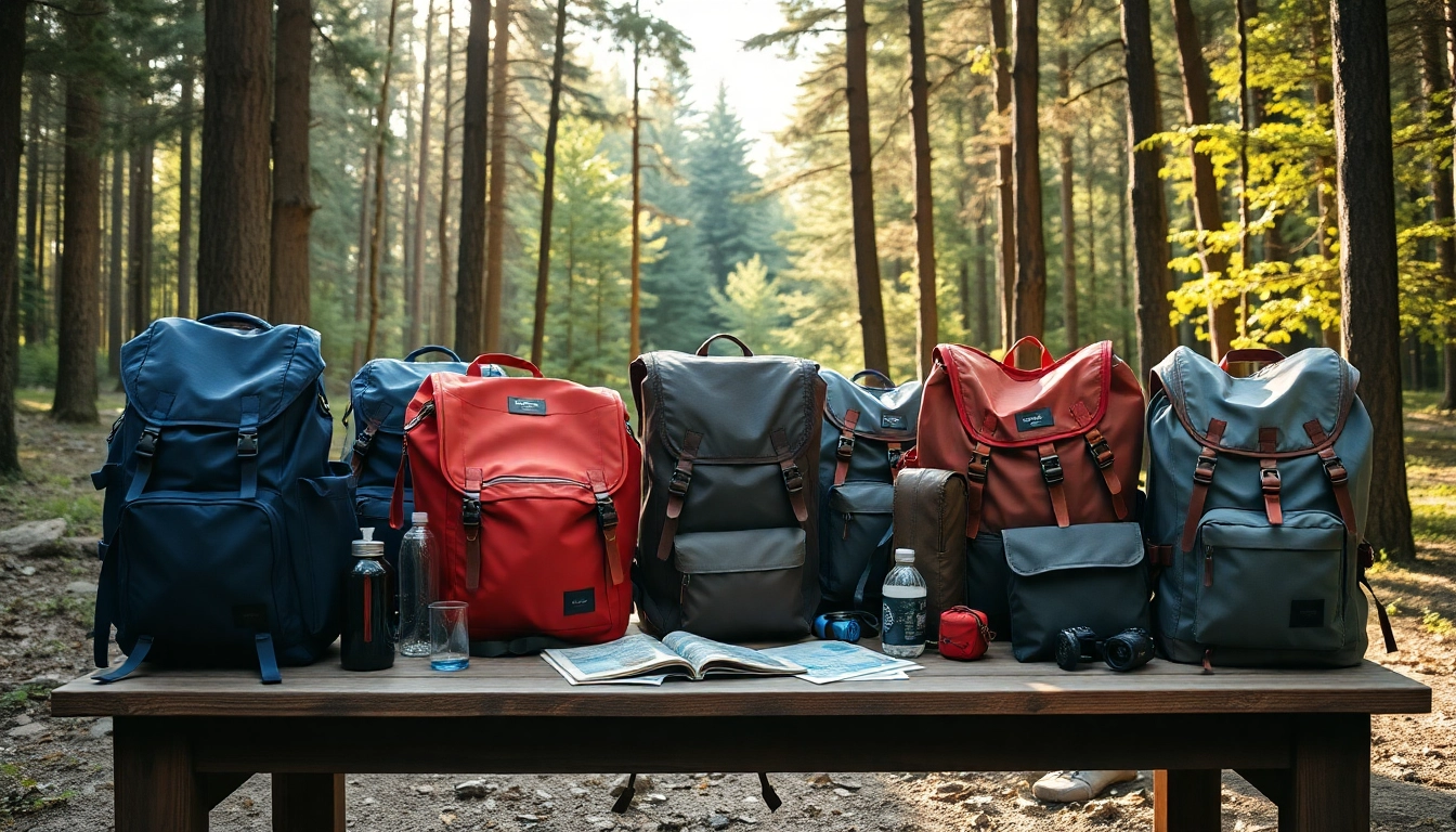 Rucksack günstig kaufen: Farbenfrohe Rucksäcke in einer natürlichen Umgebung präsentieren