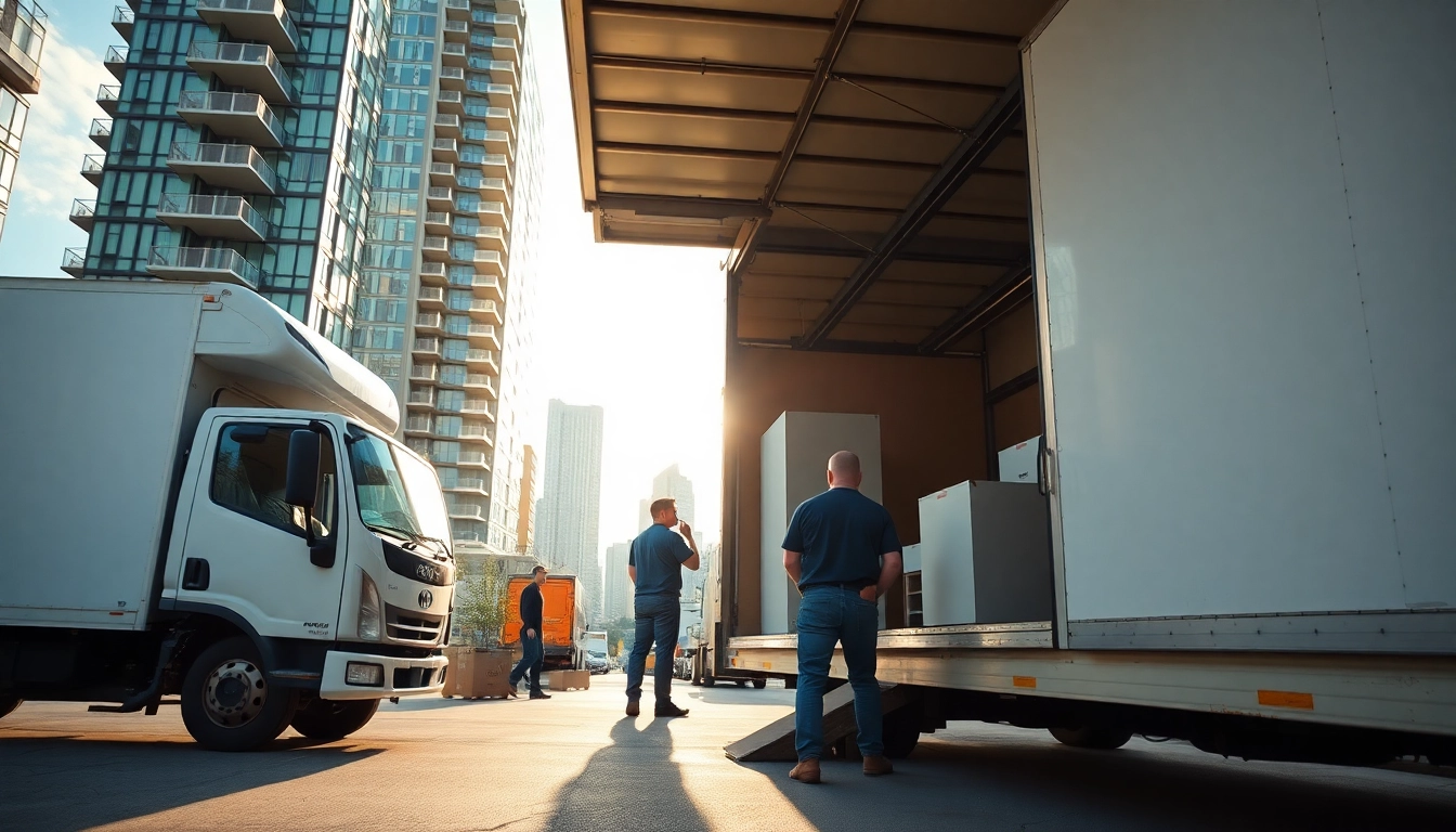 Professional movers in Toronto Ontario loading a truck amidst a vibrant urban backdrop.
